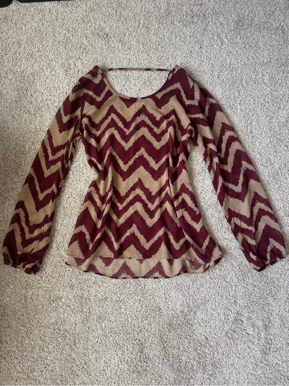 Charming Charlie Burgundy and Tan Chevron Long-Sleeve Blouse